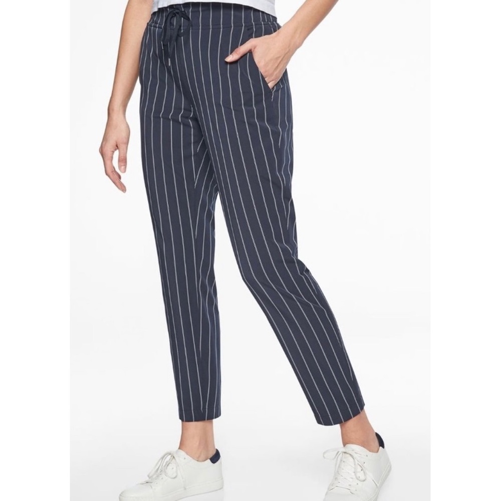 Athleta Womens Stripe Midtown Ankle Pants Navy Blue Size 8 Stretch Casual